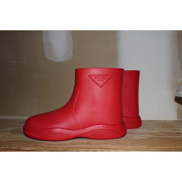 Prada Red Rubber Rain Boots Ankle Logo Monolithic Chunky Sole Mens Size 44‎ main image 7